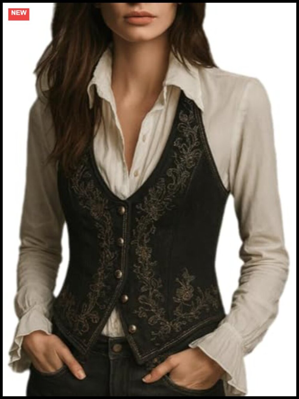 Women's Embroidered Sleeveless V-Neck Western Vest, Polyester Blend, Cropped &